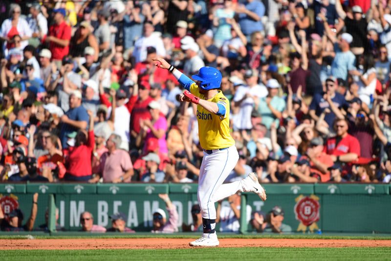 Aug 10, 2024; Boston, Massachusetts, USA;  Boston Red Sox catcher Danny Jansen (28) reacts after hitting a home run during the fifth inning against the Houston Astros at Fenway Park. Mandatory Credit: Bob DeChiara-USA TODAY Sports