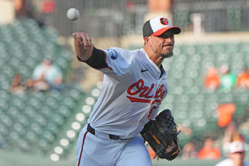 Jun 24, 2025; Baltimore, Maryland, USA; Baltimore Orioles pitcher Charlie Morton (50) delivers during the first inning against the Texas Rangers at Oriole Park at Camden Yards. Mandatory Credit: Mitch Stringer-Imagn Images