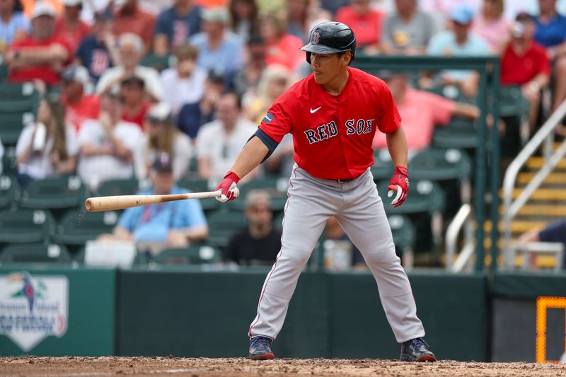 Mar 6, 2024; Fort Myers, Florida, USA;  Boston Red Sox designated hitter Masataka Yoshida (7) steps up to bat against the Minnesota Twins in the fifth inning at Hammond Stadium. Mandatory Credit: Nathan Ray Seebeck-USA TODAY Sports