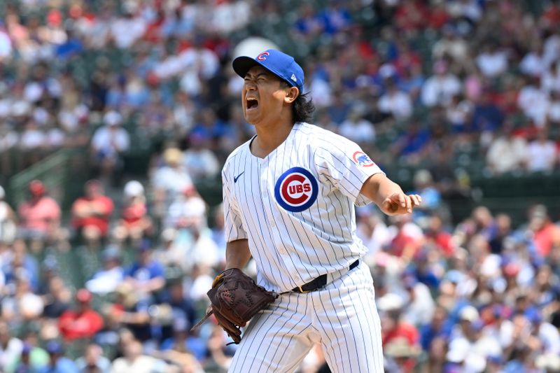 Jun 15, 2024; Chicago, Illinois, USA;  Chicago Cubs pitcher Shota Imanaga (18) reacts after he delivers a pitch during the first inning against the St. Louis Cardinals at Wrigley Field. Mandatory Credit: Matt Marton-USA TODAY Sports