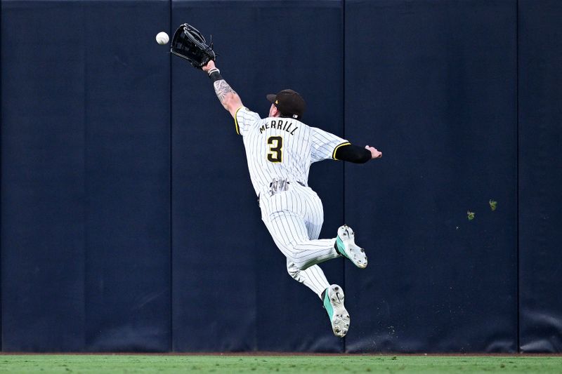 Jun 24, 2024; San Diego, California, USA; San Diego Padres center fielder Jackson Merrill (3) cannot make a catch on a RBI double hit by Washington Nationals first baseman Joey Meneses (not pictured) during the third inning at Petco Park. Mandatory Credit: Orlando Ramirez-USA TODAY Sports