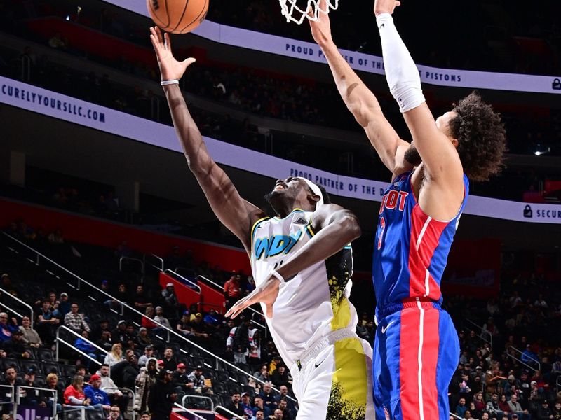 DETROIT, MI - JANUARY 16: Pascal Siakam #43 of the Indiana Pacers drives to the basket during the game against the Detroit Pistons on January 16, 2025 at Little Caesars Arena in Detroit, Michigan. NOTE TO USER: User expressly acknowledges and agrees that, by downloading and/or using this photograph, User is consenting to the terms and conditions of the Getty Images License Agreement. Mandatory Copyright Notice: Copyright 2025 NBAE (Photo by Chris Schwegler/NBAE via Getty Images)