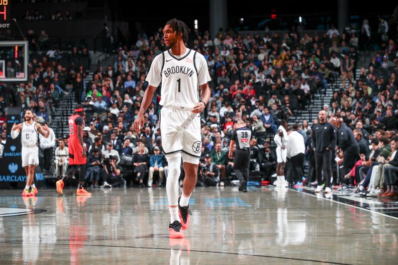 BROOKLYN, NY - OCTOBER 18: Ziaire Williams #1 of the Brooklyn Nets looks on during the game on October 18, 2024 at Barclays Center in Brooklyn, New York. NOTE TO USER: User expressly acknowledges and agrees that, by downloading and or using this Photograph, user is consenting to the terms and conditions of the Getty Images License Agreement. Mandatory Copyright Notice: Copyright 2024 NBAE (Photo by David L. Nemec/NBAE via Getty Images)