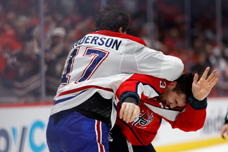 Oct 31, 2024; Washington, District of Columbia, USA; Montreal Canadiens right wing Josh Anderson (17) fight Washington Capitals right wing Tom Wilson (43) in the third period at Capital One Arena. Mandatory Credit: Geoff Burke-Imagn Images