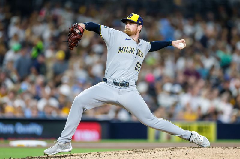 Sep 23, 2025; San Diego, California, USA; Milwaukee Brewers starting pitcher Bruce Zimmermann (55) throws a pitch during the sixth inning against the San Diego Padres at Petco Park. Mandatory Credit: David Frerker-Imagn Images