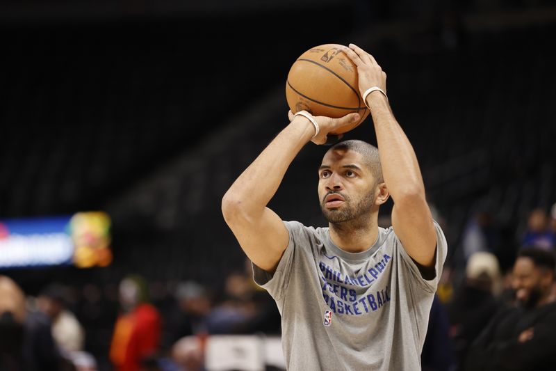 DENVER, COLORADO - JANUARY 27: Nicolas Batum #40 of the Philadelphia 76ers warms up before the game against the Denver Nuggets at Ball Arena on January 27, 2024 in Denver, Colorado. NOTE TO USER: User expressly acknowledges and agrees that, by downloading and or using this photograph, User is consenting to the terms and conditions of the Getty Images License Agreement. (Photo by Brendall O'Banon/Clarkson Creative/Getty Images)