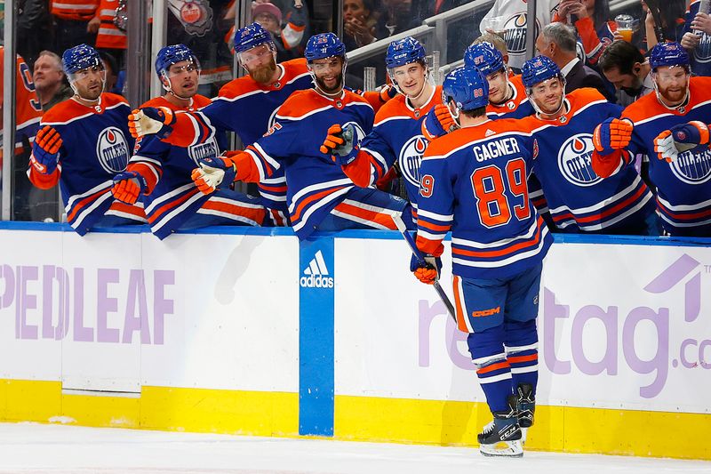 Nov 28, 2023; Edmonton, Alberta, CAN; Edmonton Oilers forward Sam Gagner (89) celebrates after scoring a goal against the Vegas Golden Knights during the first period at Rogers Place. Mandatory Credit: Perry Nelson-USA TODAY Sports