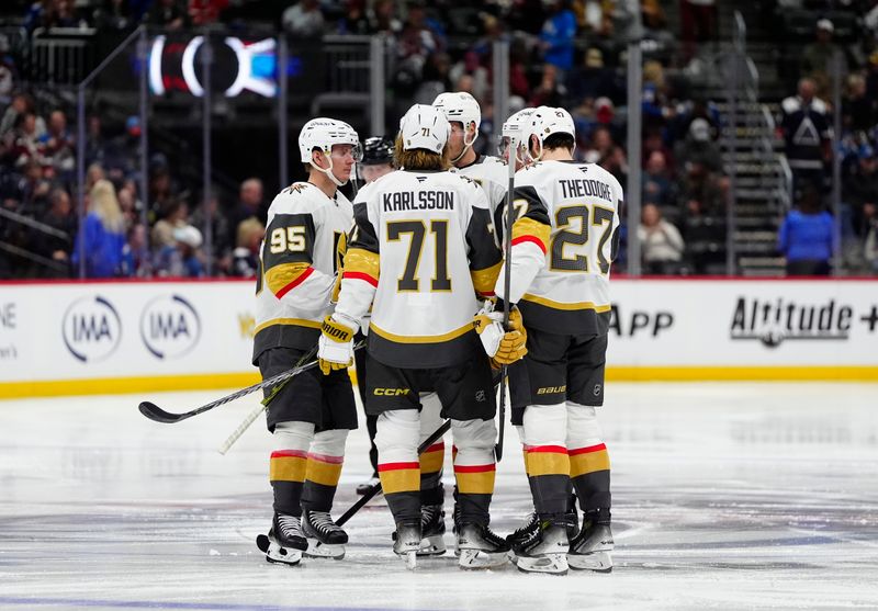 Apr 8, 2025; Denver, Colorado, USA; Members of the Vegas Golden Knights huddle in the second period against the Colorado Avalanche at Ball Arena. Mandatory Credit: Ron Chenoy-Imagn Images