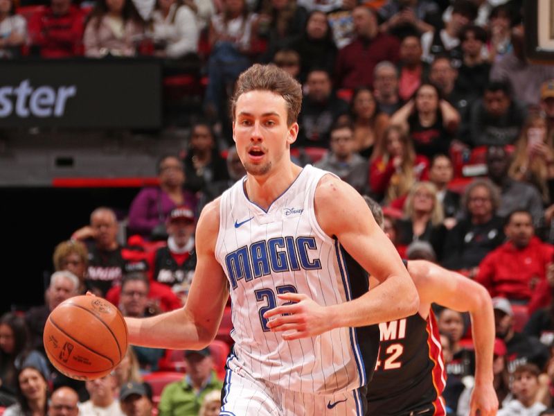 MIAMI, FL - FEBRUARY 6: Franz Wagner #22 of the Orlando Magic dribbles the ball during the game against the Miami Heat on February 6, 2024 at Kaseya Center in Miami, Florida. NOTE TO USER: User expressly acknowledges and agrees that, by downloading and or using this Photograph, user is consenting to the terms and conditions of the Getty Images License Agreement. Mandatory Copyright Notice: Copyright 2024 NBAE (Photo by Issac Baldizon/NBAE via Getty Images)