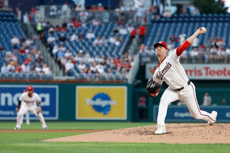 Sep 10, 2024; Washington, District of Columbia, USA; Washington Nationals starting pitcher MacKenzie Gore (1) pitches against the Atlanta Braves during the second inning at Nationals Park. Mandatory Credit: Geoff Burke-Imagn Images