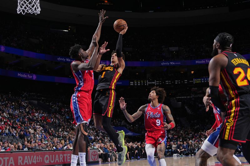 PHILADELPHIA, PA - FEBRUARY 9: Jalen Johnson #1 of the Atlanta Hawks drives to the basket during the game against the Philadelphia 76ers on February 9, 2024 at the Wells Fargo Center in Philadelphia, Pennsylvania NOTE TO USER: User expressly acknowledges and agrees that, by downloading and/or using this Photograph, user is consenting to the terms and conditions of the Getty Images License Agreement. Mandatory Copyright Notice: Copyright 2024 NBAE (Photo by Jesse D. Garrabrant/NBAE via Getty Images)