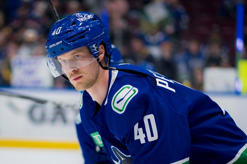 Mar 13, 2024; Vancouver, British Columbia, CAN; Vancouver Canucks forward Elias Pettersson (40) skates during warm up prior to a game against the Colorado Avalanche at Rogers Arena. Mandatory Credit: Bob Frid-USA TODAY Sports