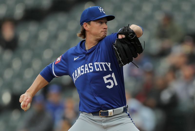 Apr 17, 2024; Chicago, Illinois, USA; Kansas City Royals starting pitcher Brady Singer (51) throws the ball during game one of a double header against the Chicago White Sox at Guaranteed Rate Field. Mandatory Credit: Melissa Tamez-USA TODAY Sports