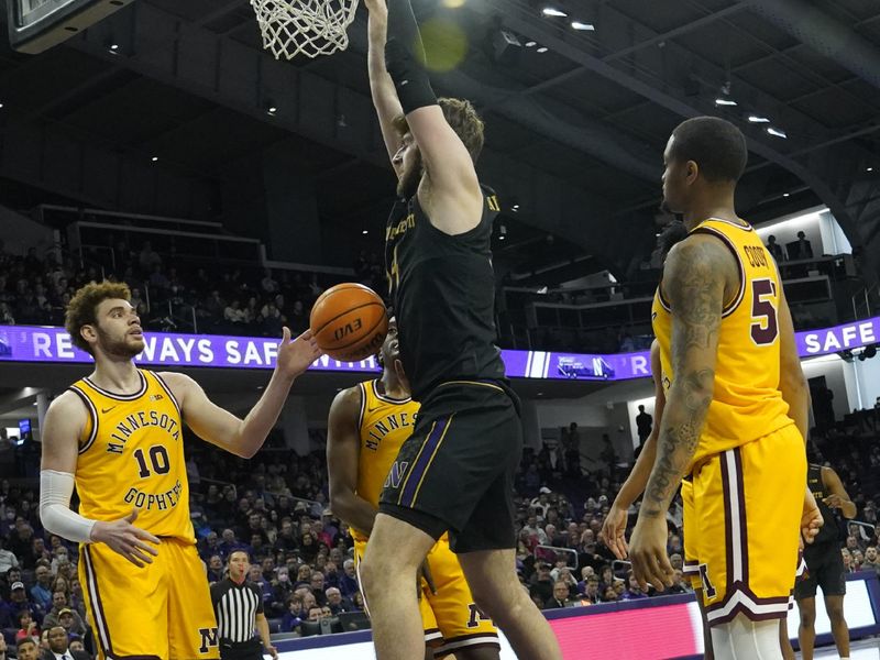 Jan 28, 2023; Evanston, Illinois, USA; Northwestern Wildcats center Matthew Nicholson (34) dunks the ball against the Minnesota Golden Gophers during the second half at Welsh-Ryan Arena. Mandatory Credit: David Banks-USA TODAY Sports