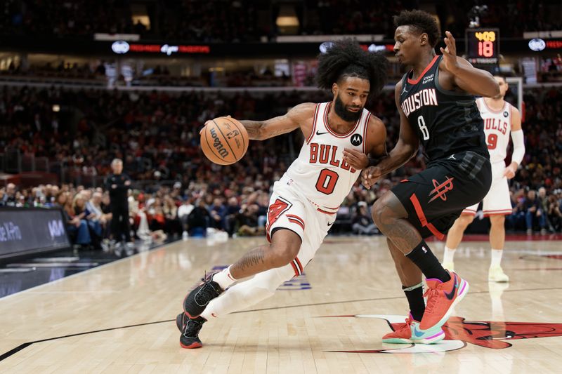 CHICAGO, ILLINOIS - JANUARY 10:  Coby White #0 of the Chicago Bulls controls the ball against the Houston Rockets on January 10, 2024 at United Center in Chicago, Illinois.  NOTE TO USER: User expressly acknowledges and agrees that, by downloading and or using this photograph, User is consenting to the terms and conditions of the Getty Images License Agreement.  (Photo by Jamie Sabau/Getty Images)