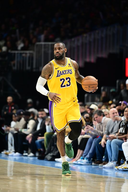 ATLANTA, GA - JANUARY 30 : LeBron James #23 of the Los Angeles Lakers handles the ball during the game  against the Atlanta Hawks on January 30, 2024 at State Farm Arena in Atlanta, Georgia.  NOTE TO USER: User expressly acknowledges and agrees that, by downloading and/or using this Photograph, user is consenting to the terms and conditions of the Getty Images License Agreement. Mandatory Copyright Notice: Copyright 2024 NBAE (Photo by Adam Hagy/NBAE via Getty Images)