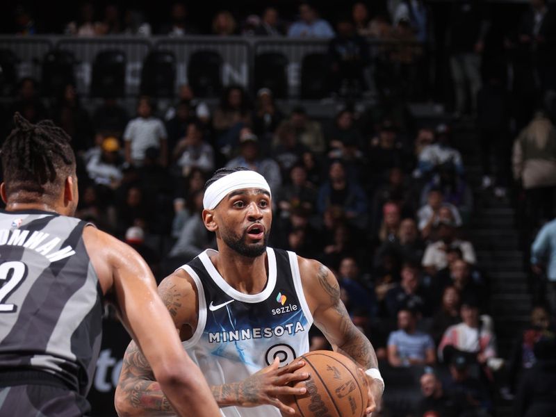 BROOKLYN, NY - APRIL 3: Nickeil Alexander-Walker #9 of the Minnesota Timberwolves looks to pass the ball during the game against the Brooklyn Nets on April 3, 2025 at Barclays Center in Brooklyn, New York. NOTE TO USER: User expressly acknowledges and agrees that, by downloading and or using this Photograph, user is consenting to the terms and conditions of the Getty Images License Agreement. Mandatory Copyright Notice: Copyright 2025 NBAE (Photo by Nathaniel S. Butler/NBAE via Getty Images)