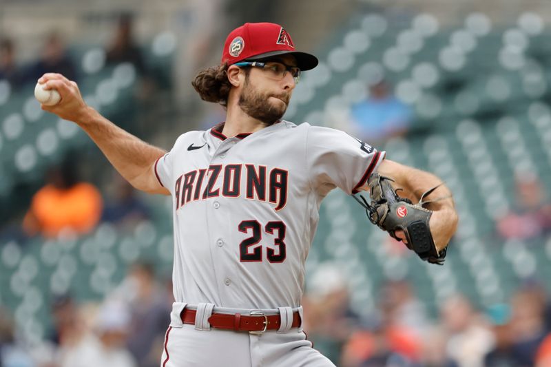 Jun 11, 2023; Detroit, Michigan, USA; Arizona Diamondbacks starting pitcher Zac Gallen (23) pitches in the first inning against the Detroit Tigers at Comerica Park. Mandatory Credit: Rick Osentoski-USA TODAY Sports