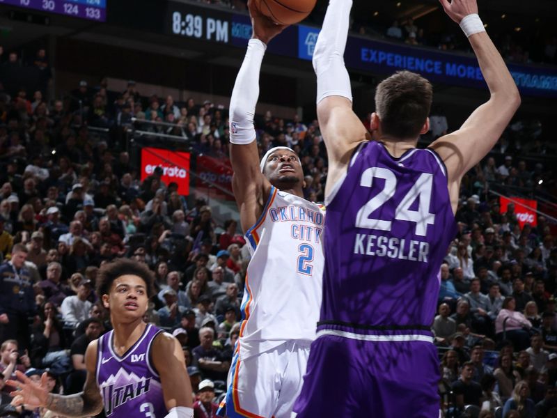 SALT LAKE CITY, UT - FEBRUARY 6: Shai Gilgeous-Alexander #2 of the Oklahoma City Thunder shoots the ball during the game against the Utah Jazz on February 6, 2024 at Delta Center in Salt Lake City, Utah. NOTE TO USER: User expressly acknowledges and agrees that, by downloading and or using this Photograph, User is consenting to the terms and conditions of the Getty Images License Agreement. Mandatory Copyright Notice: Copyright 2024 NBAE (Photo by Melissa Majchrzak/NBAE via Getty Images)