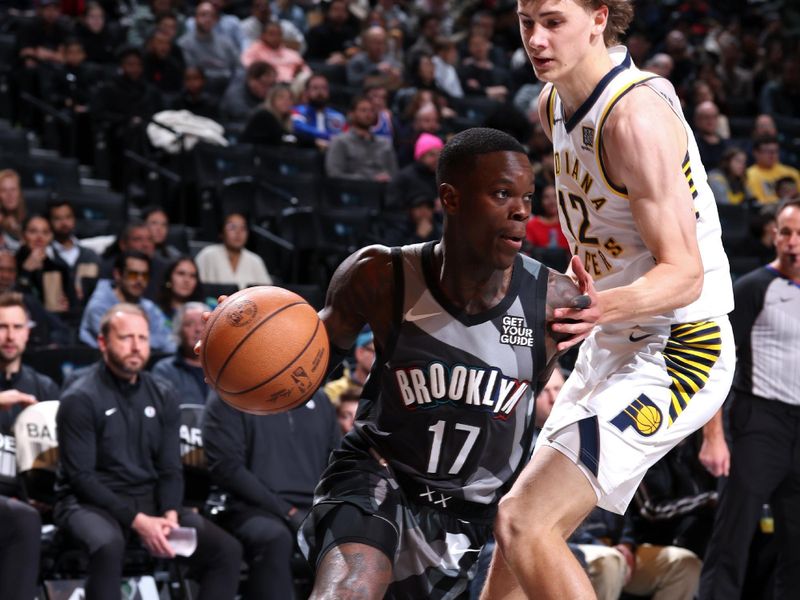 BROOKLYN, NY - DECEMBER 4: Dennis Schroder #17 of the Brooklyn Nets handles the ball during the game against the Indiana Pacers on December 4, 2024 at Barclays Center in Brooklyn, New York. NOTE TO USER: User expressly acknowledges and agrees that, by downloading and or using this Photograph, user is consenting to the terms and conditions of the Getty Images License Agreement. Mandatory Copyright Notice: Copyright 2024 NBAE (Photo by Jeff Haynes/NBAE via Getty Images)