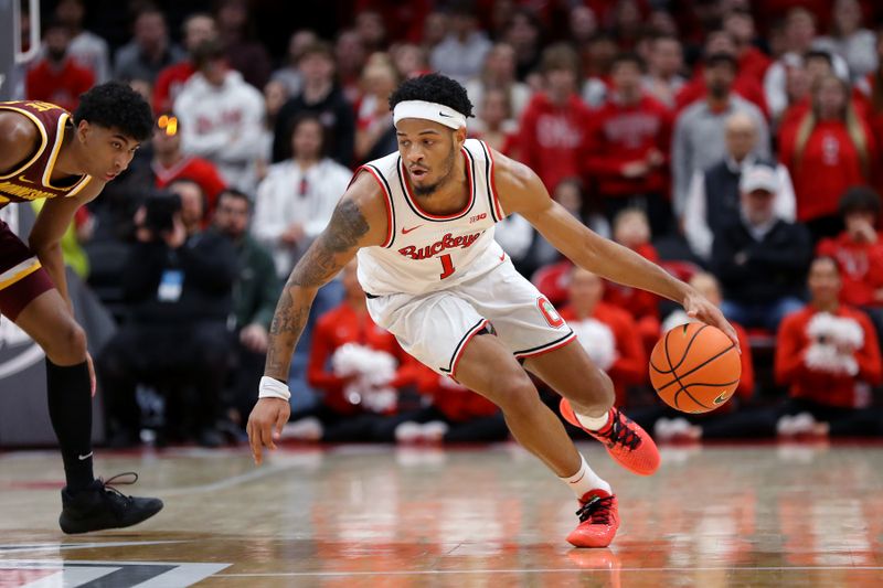 Dec 3, 2023; Columbus, Ohio, USA;  Ohio State Buckeyes guard Roddy Gayle Jr. (1) controls the ball as Minnesota Golden Gophers guard Cam Christie (24) defends him on the play during the second half at Value City Arena. Mandatory Credit: Joseph Maiorana-USA TODAY Sports