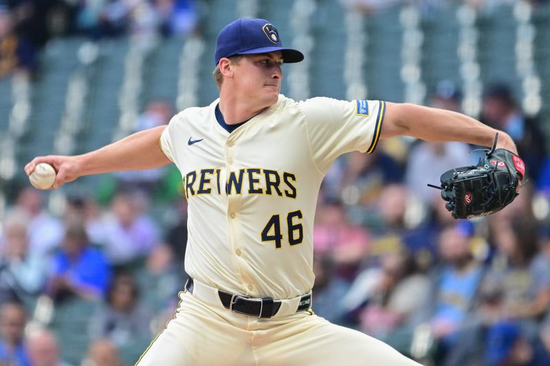 Jun 10, 2025; Milwaukee, Wisconsin, USA; Milwaukee Brewers starting pitcher Quinn Priester (46) throws a pitch in the first inning against the Atlanta Braves at American Family Field. Mandatory Credit: Benny Sieu-Imagn Images