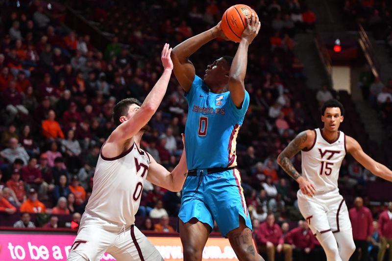 Feb 13, 2024; Blacksburg, Virginia, USA; Florida State Seminoles guard Chandler Jackson (0) looks to pass the ball as Virginia Tech Hokies guard Hunter Cattoor (0) defends during the first half at Cassell Coliseum. Mandatory Credit: Brian Bishop-USA TODAY Sports