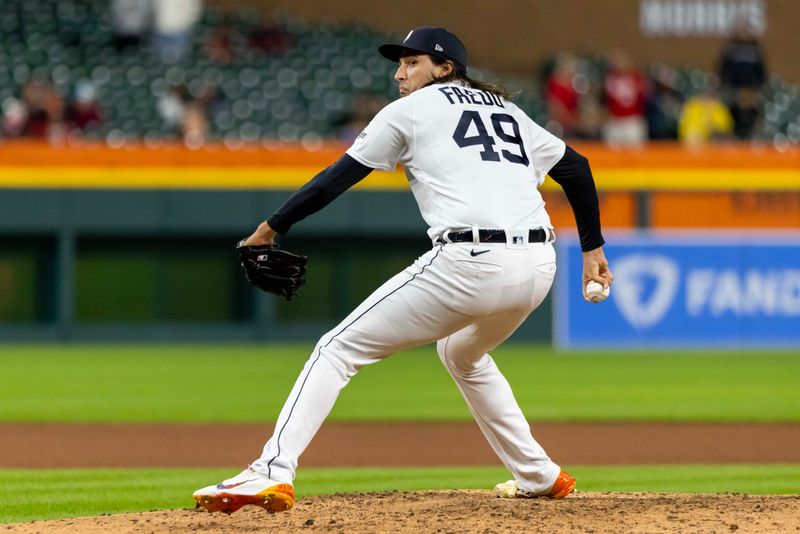 Sep 13, 2023; Detroit, Michigan, USA; Detroit Tigers starting pitcher Alex Faedo (49) throws in the seventh inning against the Cincinnati Reds at Comerica Park. Mandatory Credit: David Reginek-USA TODAY Sports