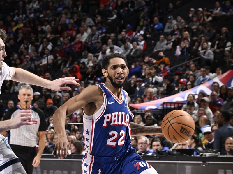PHILADELPHIA, PA - MARCH 6:  Cameron Payne #22 of the Philadelphia 76ers handles the ball during the game against the Memphis Grizzlies on March 6, 2024 at the Wells Fargo Center in Philadelphia, Pennsylvania NOTE TO USER: User expressly acknowledges and agrees that, by downloading and/or using this Photograph, user is consenting to the terms and conditions of the Getty Images License Agreement. Mandatory Copyright Notice: Copyright 2024 NBAE (Photo by David Dow/NBAE via Getty Images)