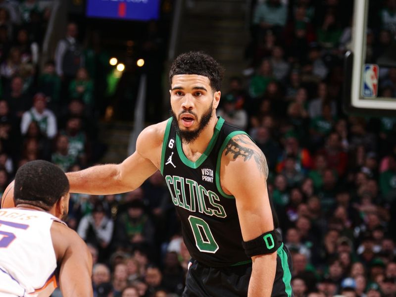 BOSTON, MA - FEBRUARY 3: Jayson Tatum #0 of the Boston Celtics dribbles the ball during the game against the Phoenix Suns on February 3, 2023 at TD Garden in Boston, Massachusetts.  NOTE TO USER: User expressly acknowledges and agrees that, by downloading and or using this photograph, User is consenting to the terms and conditions of the Getty Images License Agreement. Mandatory Copyright Notice: Copyright 2022 NBAE  (Photo by Nathaniel S. Butler/NBAE via Getty Images)