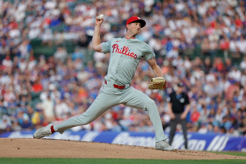 Jul 2, 2024; Chicago, Illinois, USA; Philadelphia Phillies starting pitcher Michael Mercado (63) delivers a pitch against the Chicago Cubs during the first inning at Wrigley Field. Mandatory Credit: Kamil Krzaczynski-USA TODAY Sports