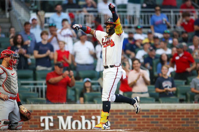 Sep 7, 2023; Atlanta, Georgia, USA; Atlanta Braves right fielder Ronald Acuna Jr. (13) celebrates after a home run against the St. Louis Cardinals in the first inning at Truist Park. Mandatory Credit: Brett Davis-USA TODAY Sports
