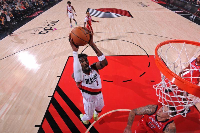 PORTLAND, OR - OCTOBER 27: Deandre Ayton #2 of the Portland Trail Blazers drives to the basket during the game against the New Orleans Pelicans on October 27, 2024 at the Moda Center Arena in Portland, Oregon. NOTE TO USER: User expressly acknowledges and agrees that, by downloading and or using this photograph, user is consenting to the terms and conditions of the Getty Images License Agreement. Mandatory Copyright Notice: Copyright 2024 NBAE (Photo by Cameron Browne/NBAE via Getty Images)