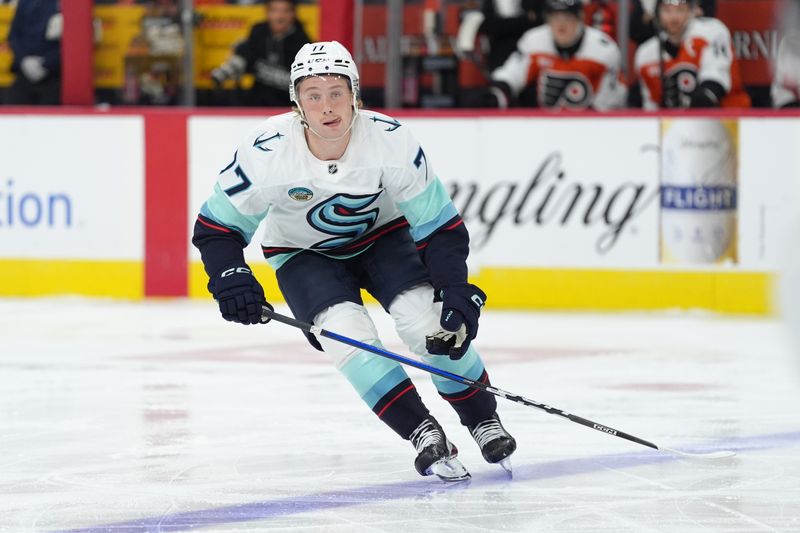 Oct 20, 2025; Philadelphia, Pennsylvania, USA; Seattle Kraken center Berkly Catton (77) in action against the Philadelphia Flyers in the first period at Xfinity Mobile Arena. Mandatory Credit: Kyle Ross-Imagn Images