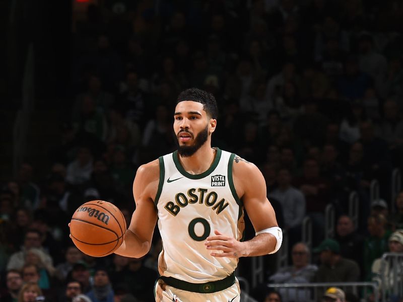 BOSTON, MA - JANUARY 19:  Jayson Tatum #0 of the Boston Celtics handles the ball during the game against the Denver Nuggets on January 19, 2024 at the TD Garden in Boston, Massachusetts. NOTE TO USER: User expressly acknowledges and agrees that, by downloading and or using this photograph, User is consenting to the terms and conditions of the Getty Images License Agreement. Mandatory Copyright Notice: Copyright 2024 NBAE  (Photo by Brian Babineau/NBAE via Getty Images)