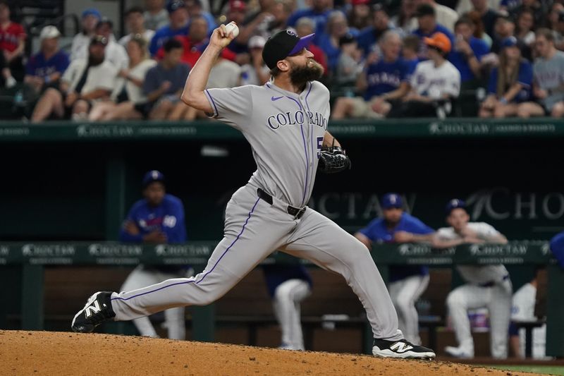 May 12, 2025; Arlington, Texas, USA; Colorado Rockies pitcher Jake Bird (59) throws to the plate during the seventh inning against the Texas Rangers at Globe Life Field. Mandatory Credit: Raymond Carlin III-Imagn Images
