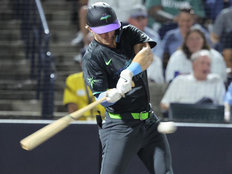 Sep 19, 2025; Tampa, Florida, USA;  Tampa Bay Rays shortstop Carson Williams (7) hits a home run against the Boston Red Sox during the second inning at George M. Steinbrenner Field. Mandatory Credit: Kim Klement Neitzel-Imagn Images