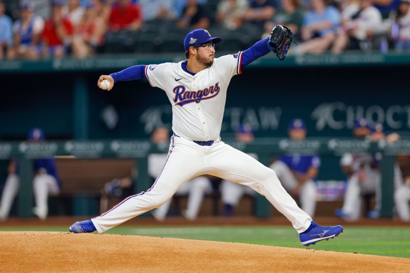 Jun 4, 2024; Arlington, Texas, USA; Texas Rangers pitcher Dane Dunning (33) throws during the first inning against the Detroit Tigers at Globe Life Field. Mandatory Credit: Andrew Dieb-USA TODAY Sports