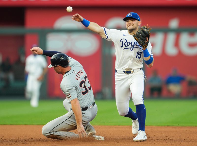 May 20, 2024; Kansas City, Missouri, USA; Kansas City Royals second baseman Michael Massey (19) throws to first base after forcing out Detroit Tigers second baseman Colt Keith (33) during the fifth inning at Kauffman Stadium. Mandatory Credit: Jay Biggerstaff-USA TODAY Sports