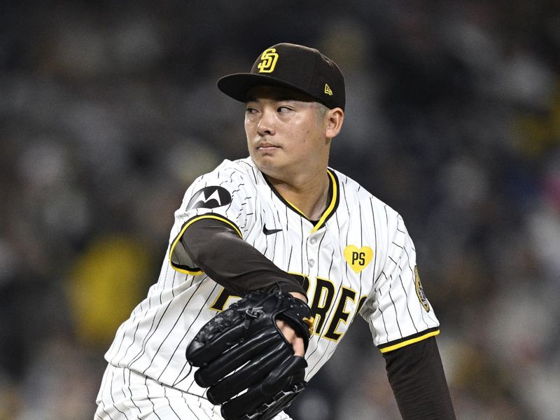 Jun 11, 2024; San Diego, California, USA; San Diego Padres relief pitcher Yuki Matsui (1) pitches against the Oakland Athletics during the sixth inning at Petco Park. Mandatory Credit: Orlando Ramirez-USA TODAY Sports