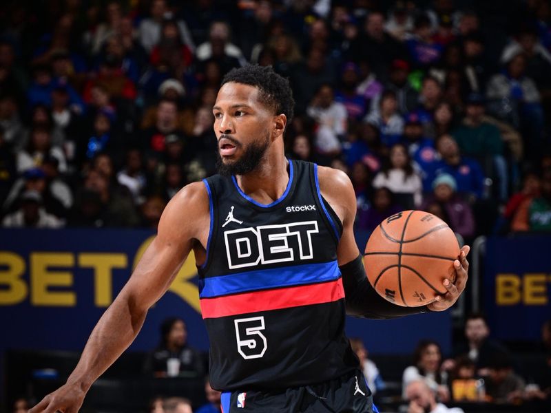 DETROIT, MI - NOVEMBER 30: Malik Beasley #5 of the Detroit Pistons handles the ball during the game against the Philadelphia 76ers on November 30, 2024 at Little Caesars Arena in Detroit, Michigan. NOTE TO USER: User expressly acknowledges and agrees that, by downloading and/or using this photograph, User is consenting to the terms and conditions of the Getty Images License Agreement. Mandatory Copyright Notice: Copyright 2024 NBAE (Photo by Chris Schwegler/NBAE via Getty Images)