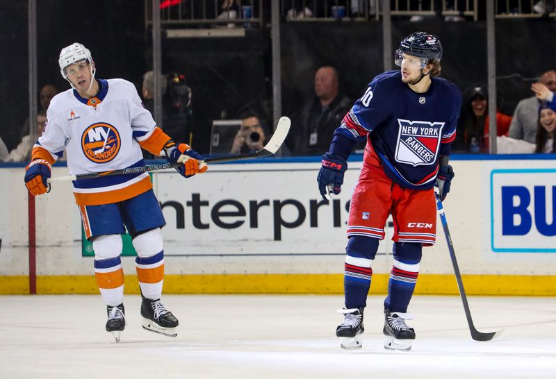 Nov 3, 2024; New York, New York, USA; New York Rangers left wing Artemi Panarin (10) celebrates his empty-net goal against the New York Islanders during the third period at Madison Square Garden. Mandatory Credit: Danny Wild-Imagn Images