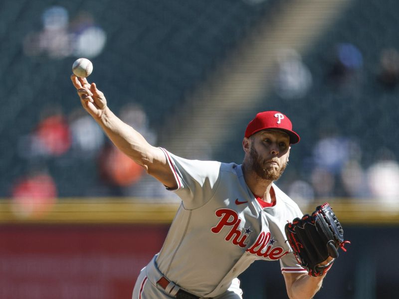 Apr 18, 2023; Chicago, Illinois, USA; Philadelphia Phillies starting pitcher Zack Wheeler (45) delivers against the Chicago White Sox during the first inning of game one of the doubleheader at Guaranteed Rate Field. Mandatory Credit: Kamil Krzaczynski-USA TODAY Sports