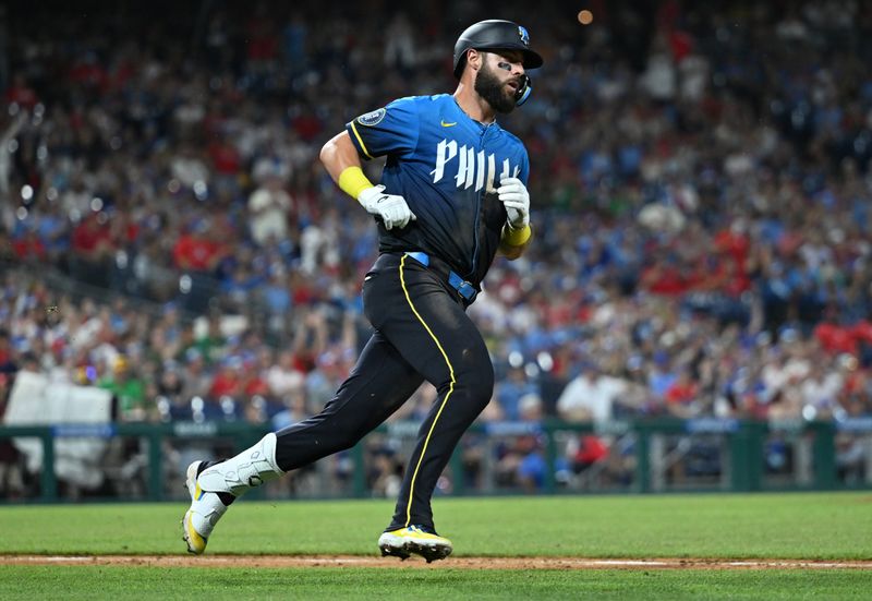 Jul 12, 2024; Philadelphia, Pennsylvania, USA; Philadelphia Phillies outfielder Weston Wilson (37) runs to first after hitting a single against the Oakland Athletics in the ninth inning at Citizens Bank Park. Mandatory Credit: Kyle Ross-USA TODAY Sports