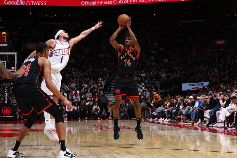 TORONTO, CANADA - FEBRUARY 23: Ja'Kobe Walter #14 of the Toronto Raptors shoots a three point basket during the game against the Phoenix Suns on February 23, 2025 at the Scotiabank Arena in Toronto, Ontario, Canada.  NOTE TO USER: User expressly acknowledges and agrees that, by downloading and or using this Photograph, user is consenting to the terms and conditions of the Getty Images License Agreement.  Mandatory Copyright Notice: Copyright 2025 NBAE (Photo by Vaughn Ridley/NBAE via Getty Images)