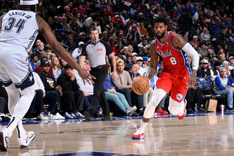 PHILADELPHIA, PA - DECEMBER 6: Paul George #8 of the Philadelphia 76ers dribbles the ball during the game against the Orlando Magic on December 6, 2024 at the Wells Fargo Center in Philadelphia, Pennsylvania NOTE TO USER: User expressly acknowledges and agrees that, by downloading and/or using this Photograph, user is consenting to the terms and conditions of the Getty Images License Agreement. Mandatory Copyright Notice: Copyright 2024 NBAE (Photo by David Dow/NBAE via Getty Images)