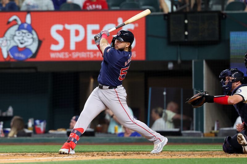 Aug 2, 2024; Arlington, Texas, USA;  Boston Red Sox right fielder Wilyer Abreu (52) hits an rbi single during the fourth inning against the Texas Rangers at Globe Life Field. Mandatory Credit: Kevin Jairaj-USA TODAY Sports