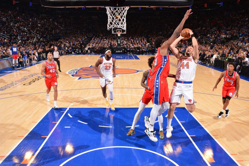 NEW YORK, NY - APRIL 20: Bojan Bogdanovic #44 of the New York Knicks drives to the basket during the game against the Philadelphia 76ers during Round 1 Game 1 of the 2024 NBA Playoffs on April 20, 2024 at Madison Square Garden in New York City, New York.  NOTE TO USER: User expressly acknowledges and agrees that, by downloading and or using this photograph, User is consenting to the terms and conditions of the Getty Images License Agreement. Mandatory Copyright Notice: Copyright 2024 NBAE  (Photo Jesse D. Garrabrant/NBAE via Getty Images)