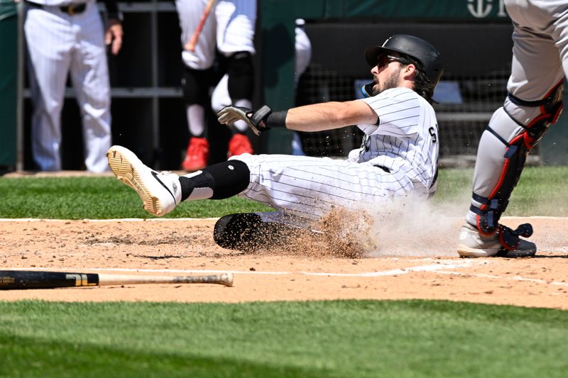 May 15, 2024; Chicago, Illinois, USA;  Chicago White Sox shortstop Braden Shewmake (17) scorers against the Washington Nationals during the third inning  at Guaranteed Rate Field. Mandatory Credit: Matt Marton-USA TODAY Sports