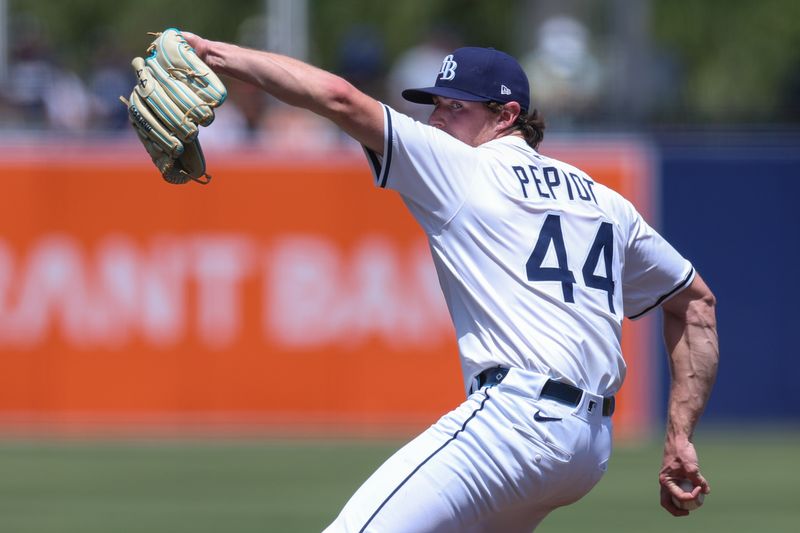 Apr 20, 2025; Tampa, Florida, USA; Tampa Bay Rays starting pitcher Ryan Pepiot (44) throws a pitch against the New York Yankees in the fourth inning at George M. Steinbrenner Field. Mandatory Credit: Nathan Ray Seebeck-Imagn Images